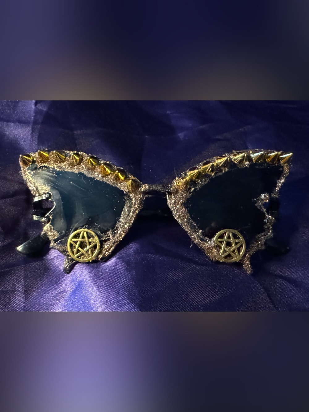 oversized butterfly shaped sunglasses with spikes and Wiccan star Accents